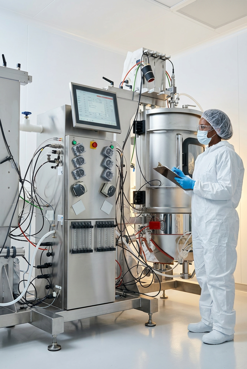 Black female scientist in full PPE operating a single-use bioreactor in a biopharmaceutical cleanroom
