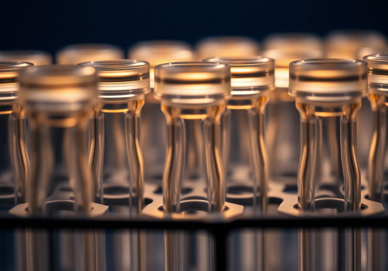 Clear laboratory vials in a rack lit with warm gold